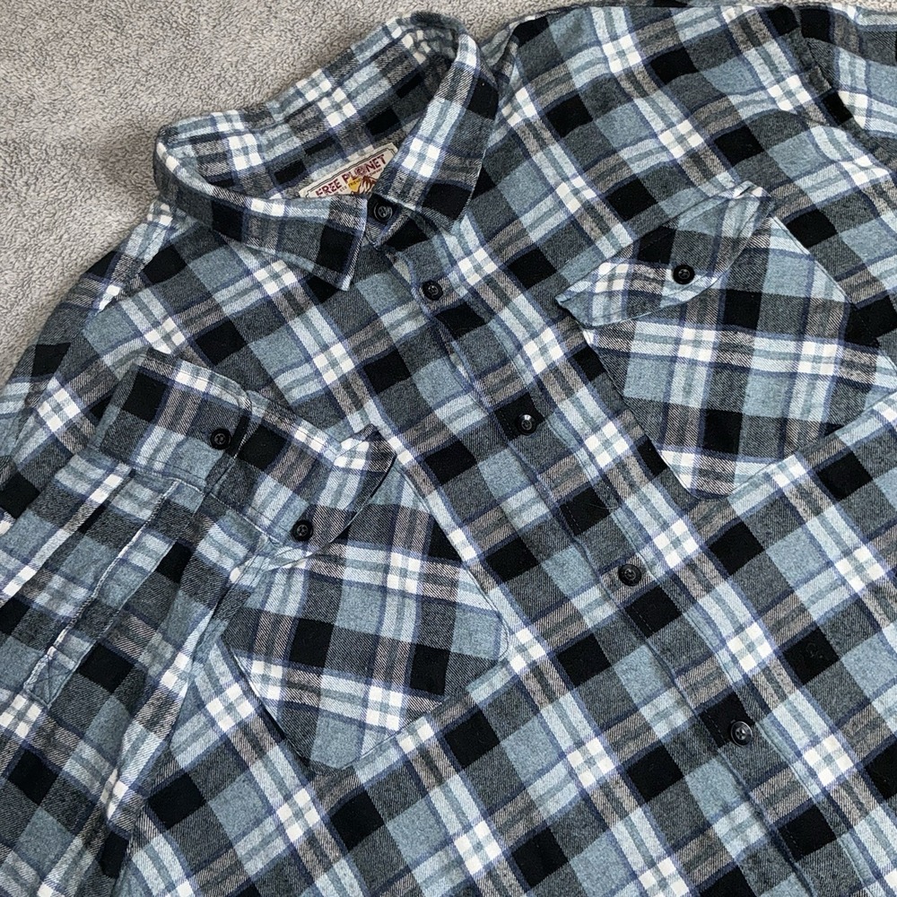 Free Planet Flannel Shirt Men 3XL Blue Black Plaid Button Up Long Sleeve Camping